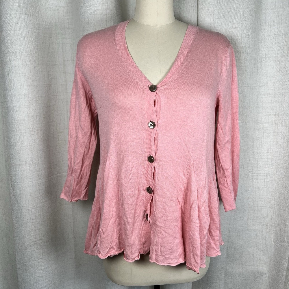 J Jill Silk Cotton Blend Cardigan Button Front Blush Pink Flare Large 3/4 Sleeve